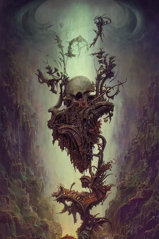 Image similar to evil gigantic biomechanical skull of death, fantasy painting, ultra realistic, wide angle, art nouveau, intricate details, rainbowshift, vivid colors, highly detailed by peter mohrbacher, maxfield parrish, aaron horkey, gaston bussiere, craig mullins