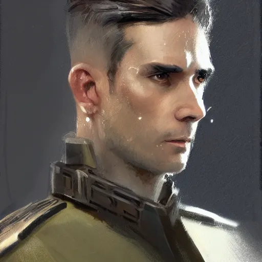 Image similar to portrait of a man by greg rutkowski, british features, short black hair in military style, straight jaw, tall and strong, star wars expanded, universe, he is about 3 0 years old, wearing imperial admiral uniform, artstation hq