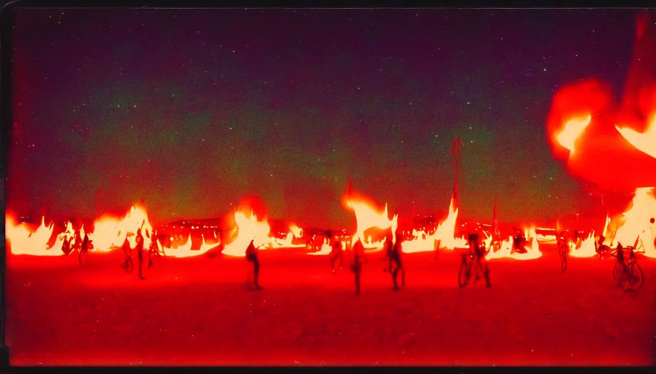 Image similar to colorful instant photograph of burning man at night, polaroid, light leak, raw, nostalgic