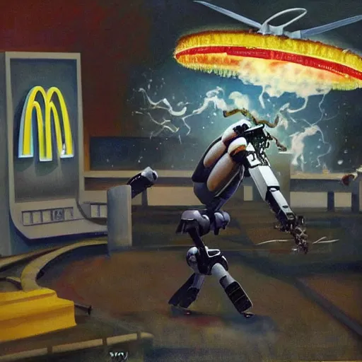 Prompt: barack obama as a cyborg sending a predator drone to blow up a mcdonalds, highly detailed, oil painting, low light, abstract