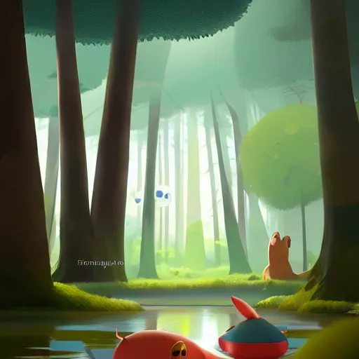 Prompt: goro fujita ilustration a beautiful forest with tall and short trees, with lots of vegetation, reflected in a lake, the rays of light go through the forest,, round characters with two eyes, painting by goro fujita, sharp focus, highly detailed, artstation