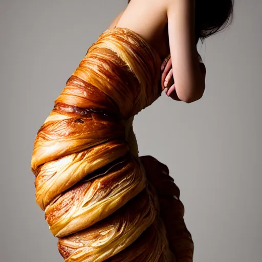 Image similar to a beautiful dress made out of a croissant, on a mannequin. high quality, high resolution, studio lighting