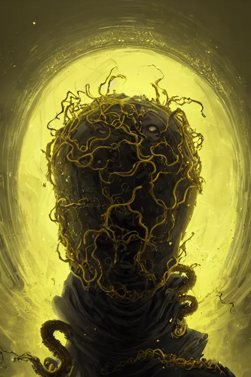 Prompt: A full body portrait of a mysterious character with no face with a very long hooded yellow cloak, a golden crown floating above his head tentacles coming out the ground art by Maciej Kuciara and Jason Chan, ominous, cosmic horror, trending on artstation, Ultra detailed, hyper realistic 4k
