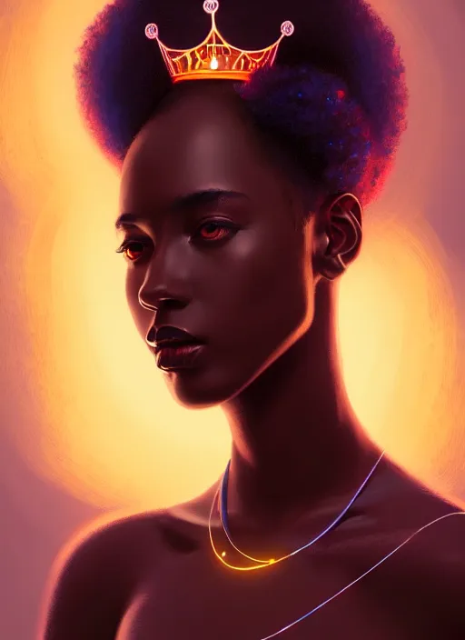 Image similar to portrait of young black woman with glowing crown, afro - futurist style, intricate, elegant, glowing lights, highly detailed, digital painting, artstation, concept art, smooth, sharp focus, illustration, art by wlop, mars ravelo and greg rutkowski