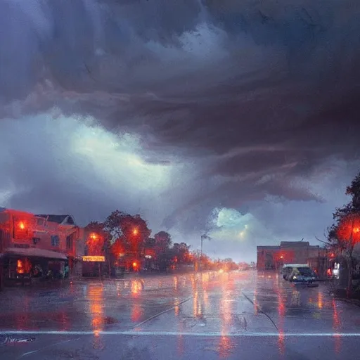Image similar to a beautiful thunderstorm rolling over a small town, with the clouds illuminated slightly red, ominous, eerie, wayne barlow, craig mullins