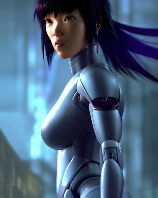 Image similar to weta disney pixar movie still portrait photo of motoko kusanagi ghost in the shell : : as cyborg woman by pixar : : by weta, greg rutkowski, wlop, ilya kuvshinov, rossdraws, artgerm, marvel, maxim cover, latex, octane render, sweaty, iridescent, bright morning, anime, liosh, mucha : :