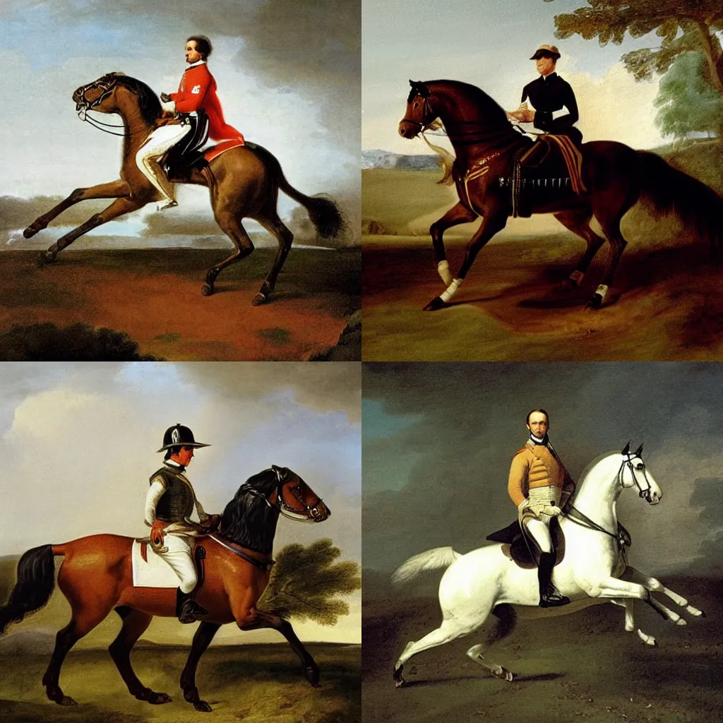 Prompt: Painting of Sir Lewis Hamilton riding a horse into battle, by George Stubbs