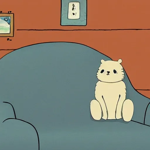 Image similar to loving cartoon bear and cartoon cat sitting in couch, by Studio Ghibli, atmospheric, cosy