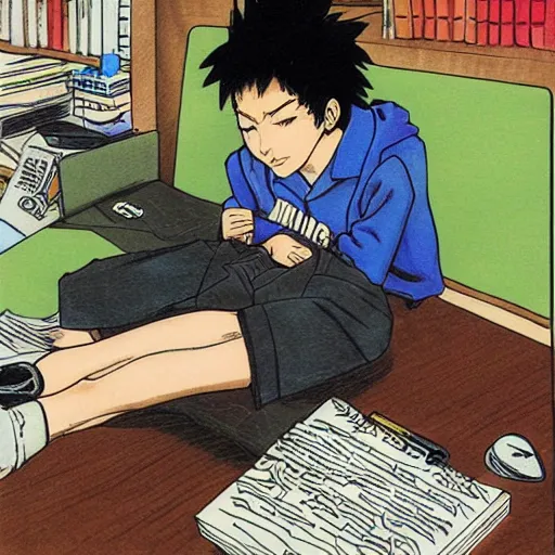 Prompt: mexican kid sitting at his desk asleep, hirohiko araki style, manga