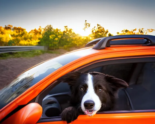 Image similar to border collie dog in the driver's seat of an orange nissan note, paws on wheel, car moving very fast, rally driving photo, award winning photo, golden hour, front of car angle, extreme horizontal background blur, 3 0 0 mm lens