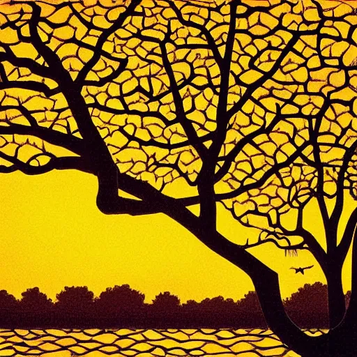 Image similar to birds on cherry tree, Changelingcore, serene, graceful, sunset photo at golden hour, Kodachrome, digital painting by M. C. Escher