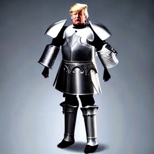 Prompt: full - body - front - shot!!!!!!!, donald trump wearing knight'armor, crown, detailed face of donald trump