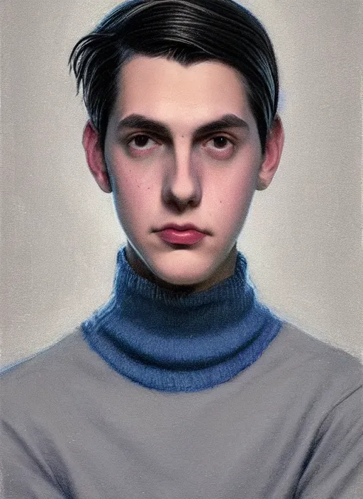 Image similar to portrait of teenage jughead jones wearing a light grey crown, crown, blue turtleneck, 1 9 5 0 s, closed eyes, photorealistic, black hair, glowing lighting, intricate, elegant, glowing lights, highly detailed, digital painting, artstation, concept art, smooth, sharp focus, illustration, art by wlop, mars ravelo and greg rutkowski