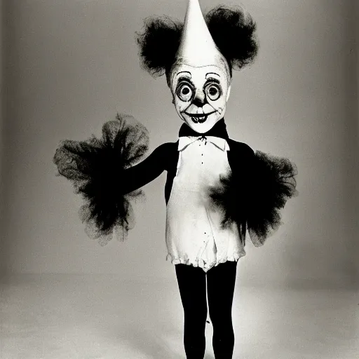 Prompt: portrait of a clown by Diane Arbus, 50mm, black and white