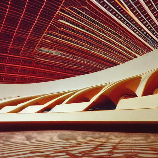 Image similar to interior of a futuristic lotus temple space station with gold, red and white marble panels, by buckminster fuller and syd mead, intricate contemporary architecture, photo journalism, photography, cinematic, national geographic photoshoot