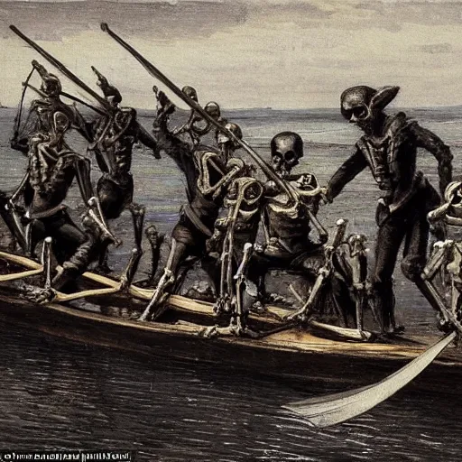 Image similar to action scene : an army of skeletons rising from the warter, climbiong on top of a rowing boat on which two suited gentleman stand. one of the gentleman raises his arm, channeling a blinging light, by alfred stevens, charcoal