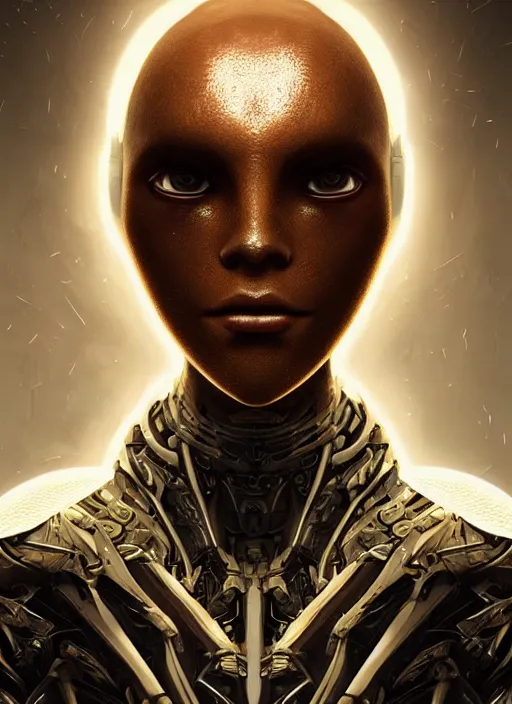 Prompt: beautiful portrait of an alien cyborg, deus ex machina, style of Feng Zhu, Artstation geometric, aesthetic, big eyes, smooth skin, unique features, symmetrical, intricate crown, volumetric lighting, streetwear, cyberpunk, detailed, octane render, cinematic, 8k, brown skin, retro sci fi film, Stanisław Szukalski + Moebius,