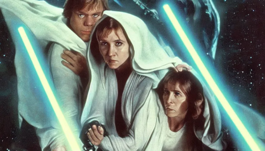 Image similar to screenshot portrait of Luke Skywalker and Princess Leia, with the lightsabers ignited, facing off against an incredibly haunting female sith lord in white, on a planet of maelstrom, chaos, the world of darkness, 1970s thriller film by Stanley Kubrick, iconic scene, HR Geiger design, stunning cinematography, hyper-detailed, sharp, anamorphic lenses, kodak color stock, 4k, stunning