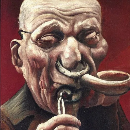 Prompt: a sad old man with his pipe in his mouth, high quality, high resolution,detailed, oil painting by otto dix (1921)