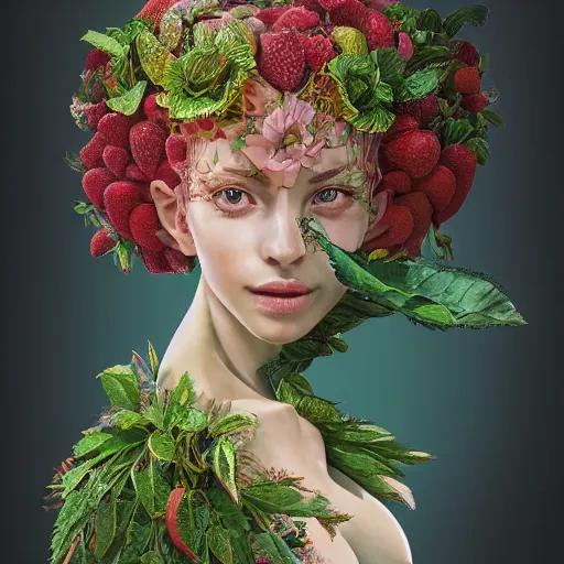 Prompt: the portrait of an absurdly beautiful, graceful, elegant, sophisticated woman made of strawberries and green petals looking up, an ultrafine hyperdetailed illustration by kim jung gi, irakli nadar, intricate linework, bright colors, octopath traveler, final fantasy, unreal engine 5 highly rendered, global illumination, radiant light, detailed and intricate environment