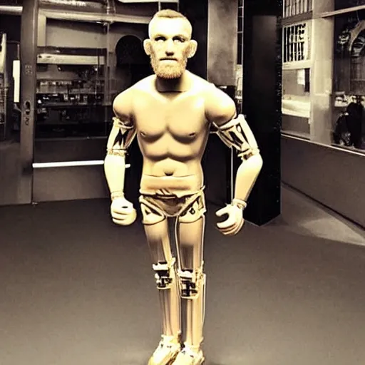 Image similar to “a realistic detailed photo of a guy who is an attractive humanoid who is half robot and half humanoid, who is a male android, boxer Conor McGregor, shiny skin, posing like a statue, blank stare”