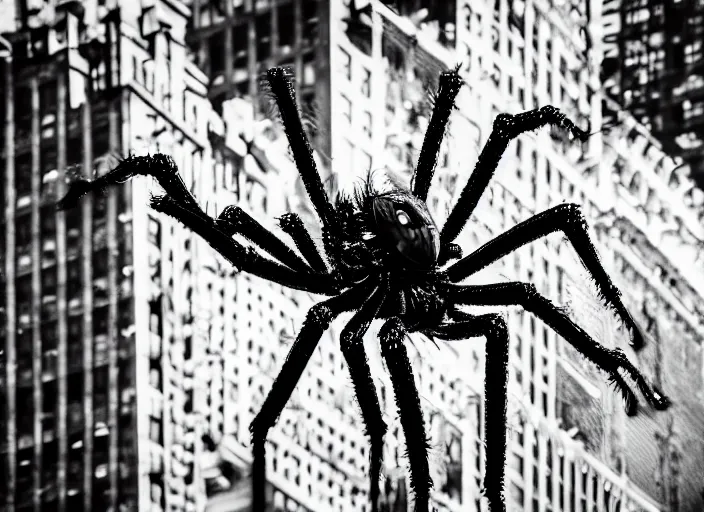 Prompt: photo of a giant spider creature attacking new york city, wide angel shot 50mm