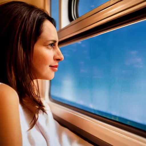 Image similar to a beautiful woman sitting in a train and looking outside of window seeing a milky way