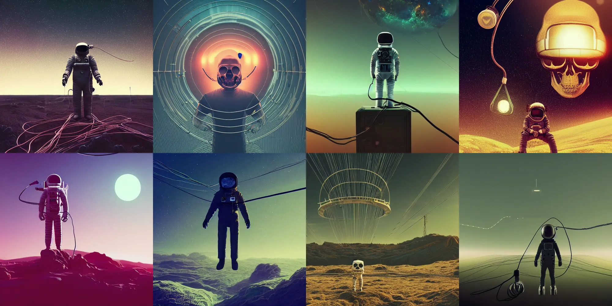 Prompt: beautiful dark landscape, astronaut with skull head, cables and wires, in the style of beeple and Mike Winkelmann, intricate, epic lighting, cinematic composition, hyper realistic, 8k resolution,