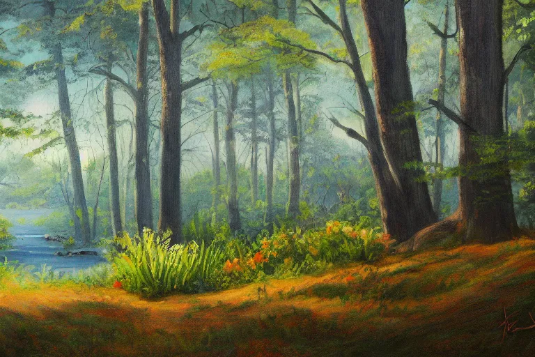 Image similar to landscape painting, forest lake, hd 8 k photorealism