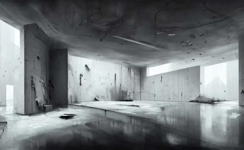 Prompt: painting of interior shot of a white concerete brutalist contemporary art museum with abstract artworks hanging on the wall by darek zabrocki and greg ruthkowski, cinematic and cold atmospheric, archillect concept art, artstation, trending on artstation