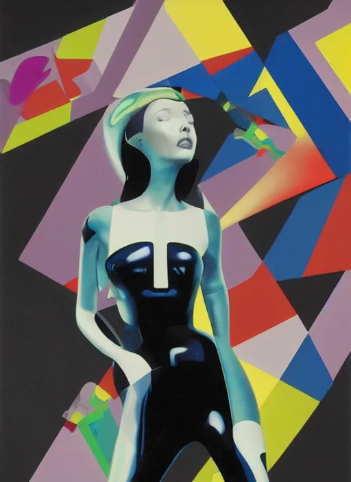 Image similar to futuristic lasers tracing, colorsmoke, fullbodysuit, pyramid hoodvisor, raindrops, wet, oiled, beautiful cyborg girl, by steven meisel, kaws, rolf armstrong, mondrian, hannah af klint perfect geometry abstract acrylic, octane hyperrealism photorealistic airbrush collage painting, monochrome, fluorescent colors, minimalist rule of thirds, eighties eros