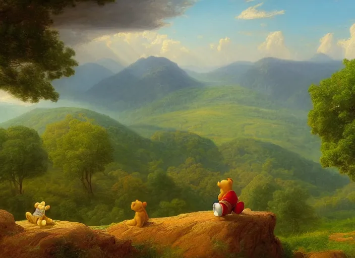 Image similar to american realist romanticism landscape painting of winnie the pooh characters in the style of hudson river school and thomas cole and albert bierstadt and robert duncanson