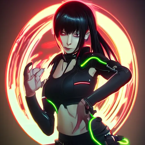 Image similar to digital anime in the style of arcane!!, cyborg - girl hacking into the reality, black red long hair!, biomechanical details, neon background lighting, reflections, wlop, ilya kuvshinov, artgerm