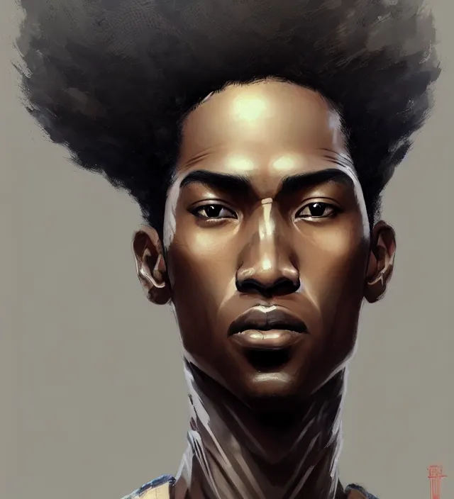 Image similar to portrait of a man by greg rutkowski, he is about 2 5 years old, mixture between afroamerican and japanese, afro hair, geisha tatoos, very tall and slender, he is wearing a futuristic police gear, highly detailed portrait, digital painting, artstation, concept art, smooth, sharp foccus illustration, artstation hq