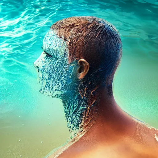 Prompt: water artwork manipulation in the shape of a human head, on the ocean water, amazing water art, ray tracing, realistic water sharp focus, long shot, 8 k resolution, cinematic