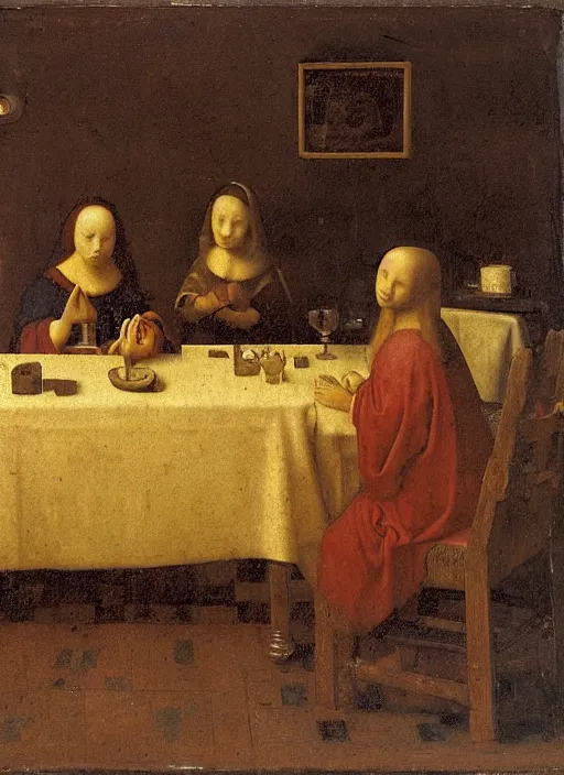 Image similar to a candlelit table at the inn, evening, dark room, two young people sitting at the table, swirling smoke, dark smoke, realistic, in the style of leonardo da vinci, dutch golden age, amsterdam, medieval painting by jan van eyck, johannes vermeer, florence