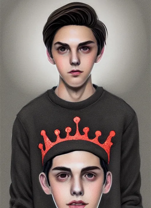 Image similar to portrait of teenage jughead jones wearing a light grey crown, photorealistic, crown, eyes closed, crown, black hair, sweater with letter s on it, letter s, intricate, elegant, glowing lights, highly detailed, digital painting, artstation, concept art, smooth, sharp focus, illustration, art by wlop, mars ravelo and greg rutkowski