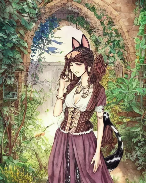 Prompt: middle eastern woman with cat ears, wearing a lovely dress in a steampunk garden. this watercolor painting by the award - winning mangaka has impeccable lighting, an interesting color scheme and intricate details.