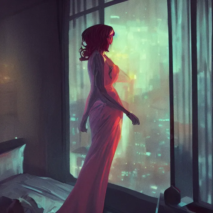 Prompt: portrait of a dancing girl wearing a gown, short hair, bed room, cyberpunk city view out of the window, no lights in bedroom, bright neon lights from the city, elegant, highly detailed, artstation, soft lights, night, fog, sharp focus