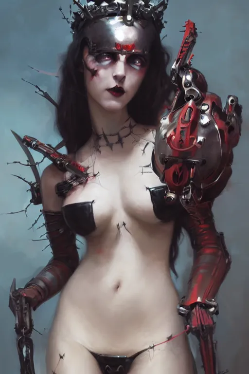 Image similar to Portrait of beautiful pale laughing cyborg goth maiden in bikini armor with crown of thorns and glowing red eyes, steampunc, Warhammer 40000, digital art from artstation by Ruan Jia and Mandy Jurgens and Artgerm and william-adolphe bouguereau