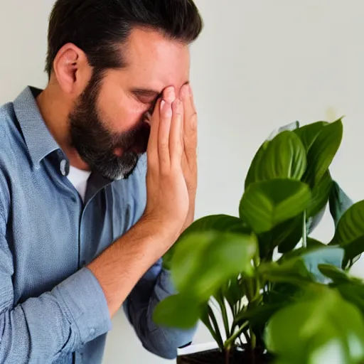 Image similar to a man sobbing over his dying potted plant