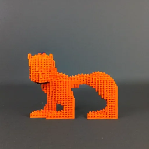 Image similar to smiling orange scratch cat walking, intricate LEGO sculpture by master builder,