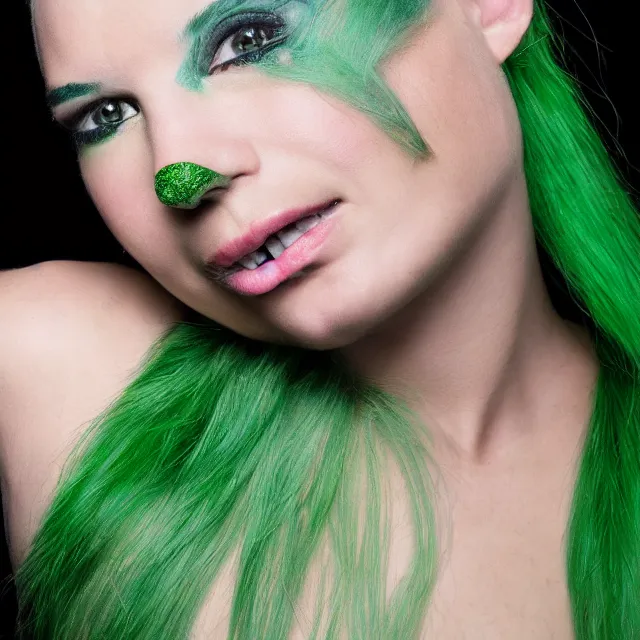 Prompt: close kodachrome photograph face of beautiful girl with green hair and lizard skin, studio lighting
