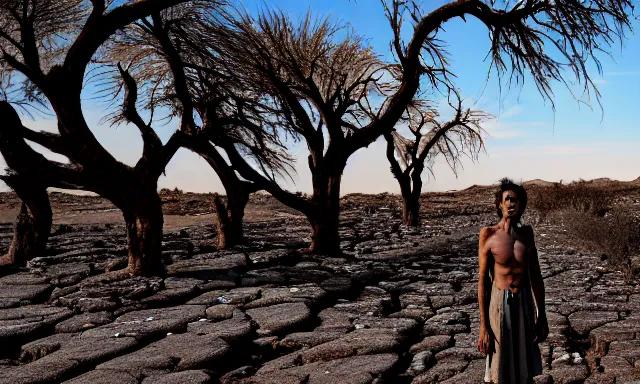 Image similar to medium shot of a crying ancient dried up Danu, peaceful, facing the camera and standing in front of a dried up river in a desolate land, dead trees, blue sky, hot and sunny, highly-detailed, elegant, dramatic lighting, artstation, 4k, cinematic landscape, photograph by Elisabeth Gadd