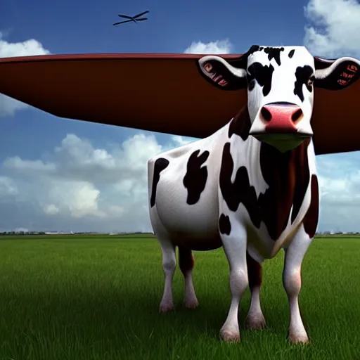 Image similar to a highly detailed ultra realistic photograph of a cow that is an airplane pilot