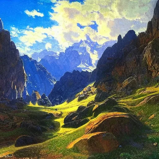 Image similar to wonderful alpine mountain valley, swiss, soft dynamic clouds astral appearance, cinematic light, sublime, colorful, light shafts, dramatic light, by august malmstrom, russian painters, mucha, disney, global illumination, rule of thirds, perfect central composition