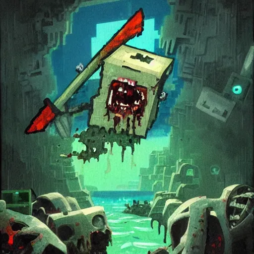 Prompt: painting by greg rutkowski of a minecraft drowned zombie holding a trident with glowing cyan eyes, wearing ragged clothing and and algae growing on it, holding a trident, underwater