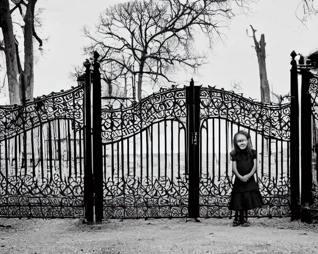 Prompt: black and white photo of Spooky Twin girls standing in front of a Victorian wrought iron gate at sunset