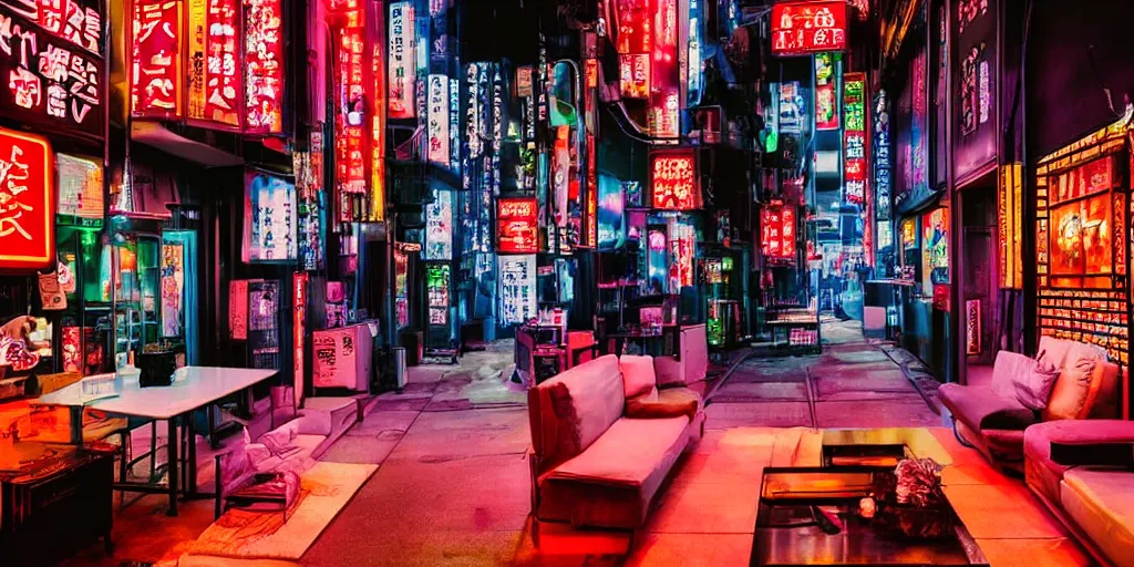 Prompt: living room designed to look like a tokyo alley at night, with neon signs, photography