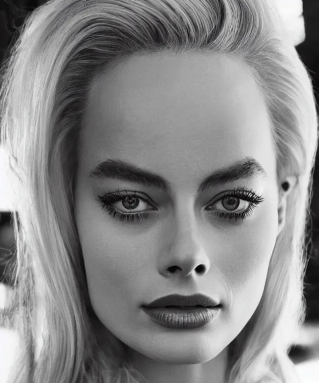 Image similar to photo of margot robbie, platinum blond, fisheye lens, enlarged facial features, by norman rockwell, extra photorealistic details, ultra high quality, trending on pinteresst